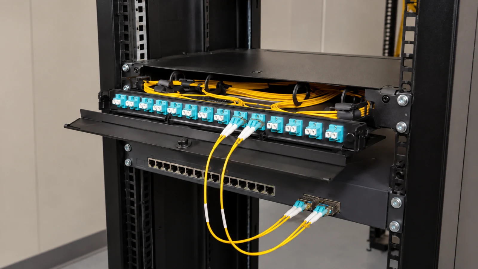 Rack-mounted fiber distribution panel with LC adapters, managed yellow fiber, and connected uplinks