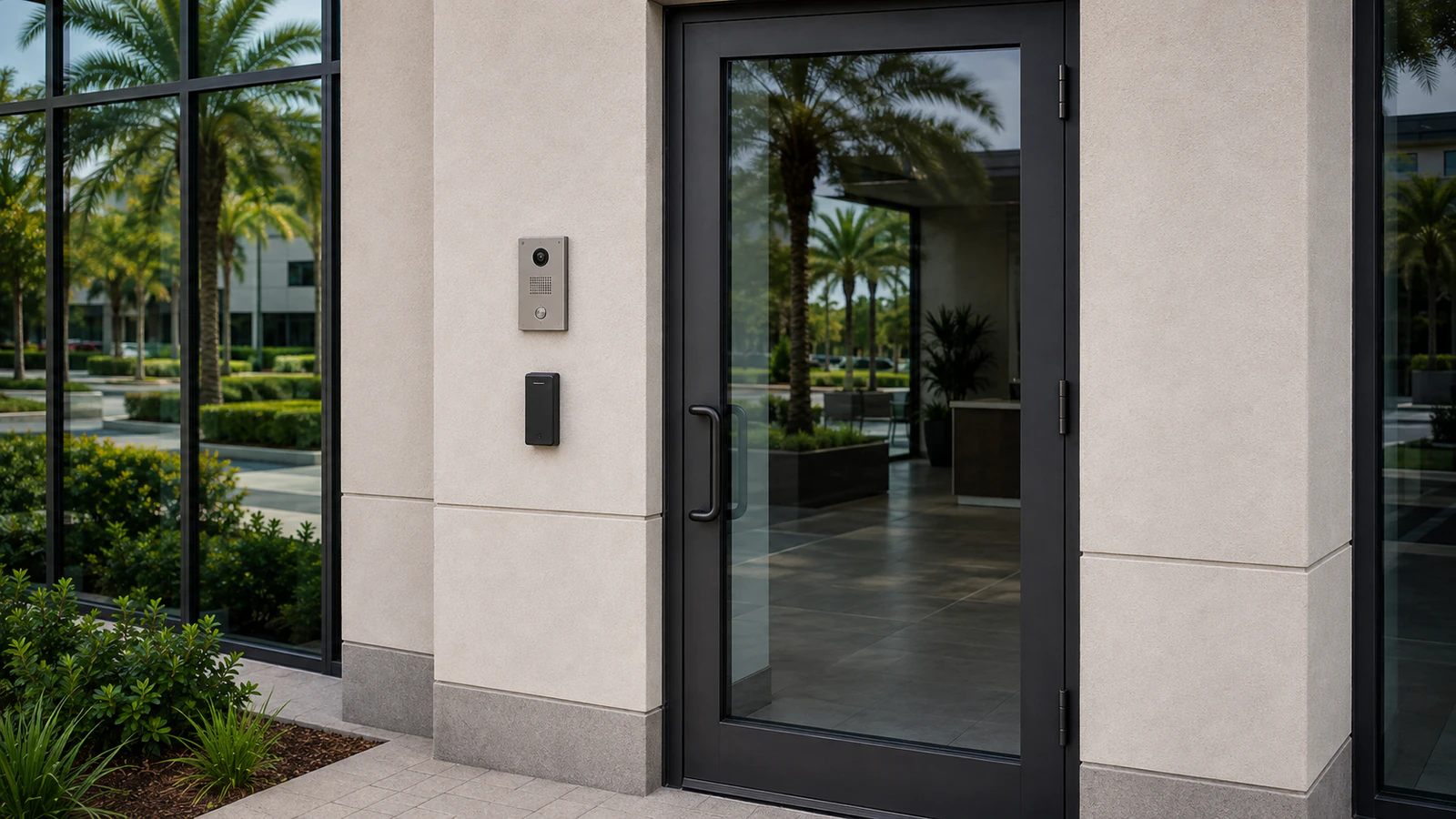 Credential reader and video intercom fixed to the wall beside a commercial glass entrance door