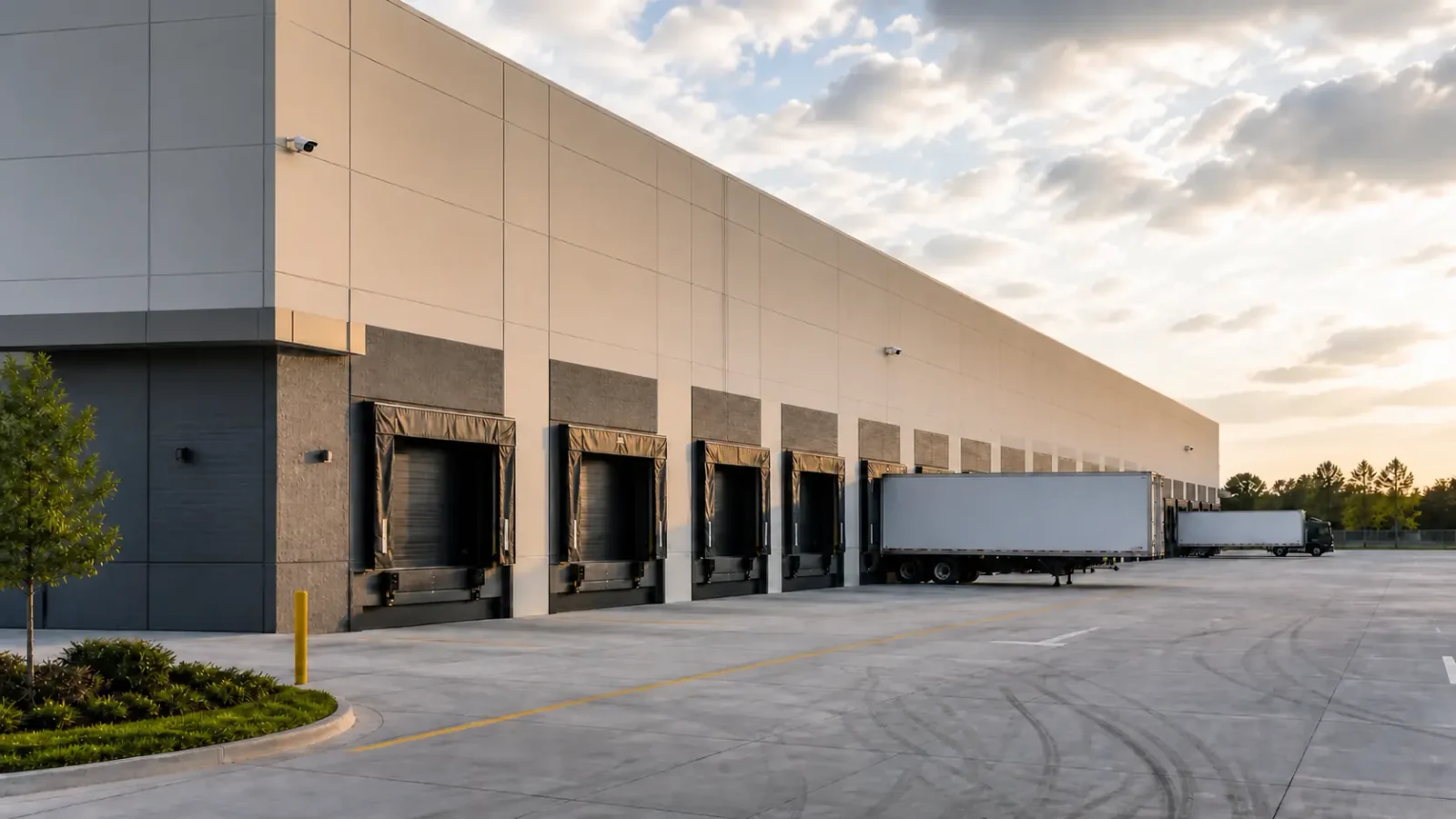 Warehouse truck court with compact security cameras mounted high along the finished exterior wall