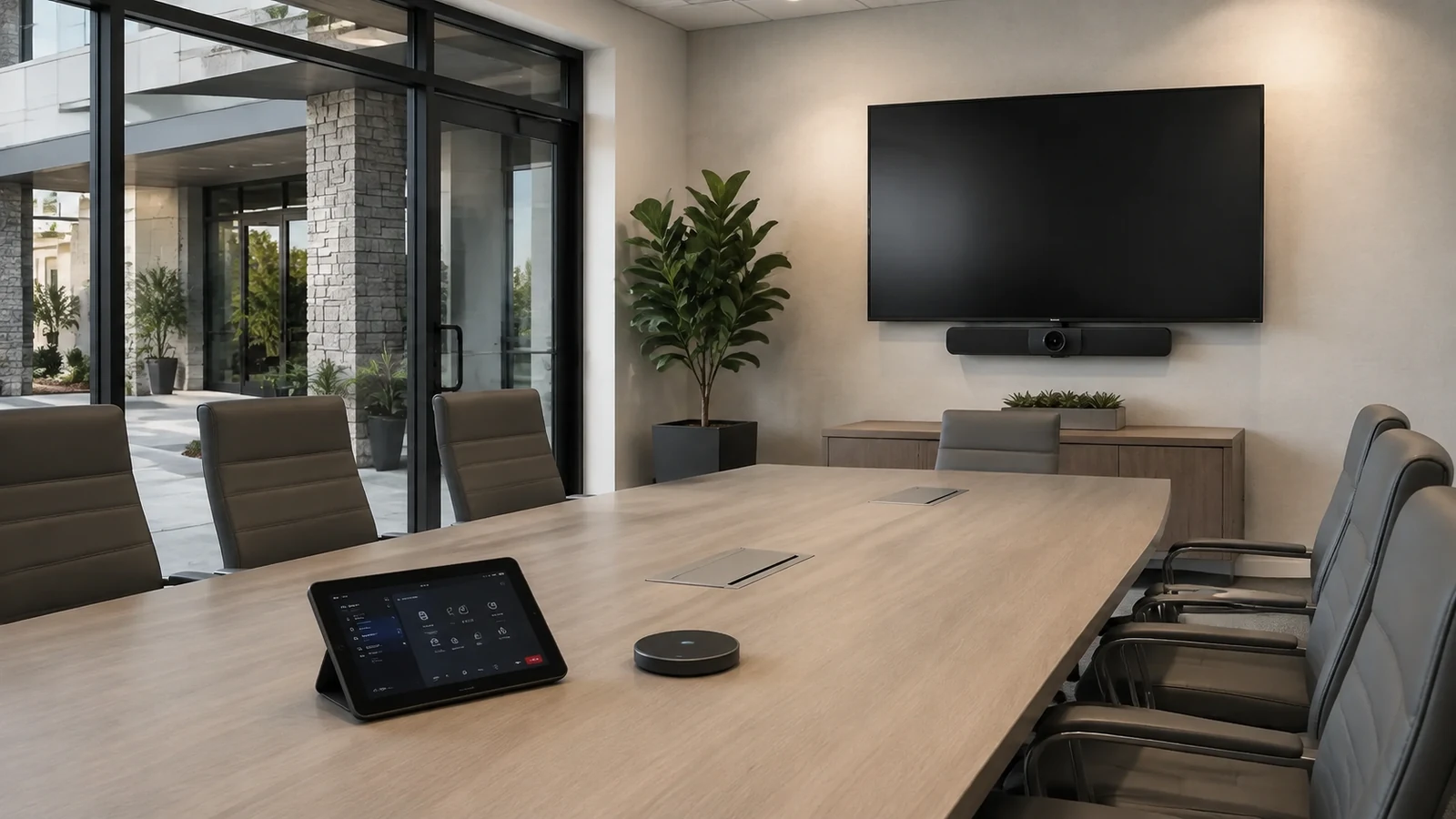 Finished conference room with wall display and table controls