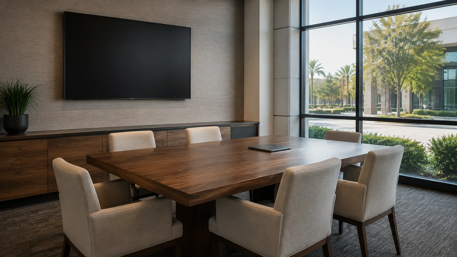 Empty corporate meeting room with a conference table, six upholstered office chairs, a large blank wall display, laptop or tablet and flipchart