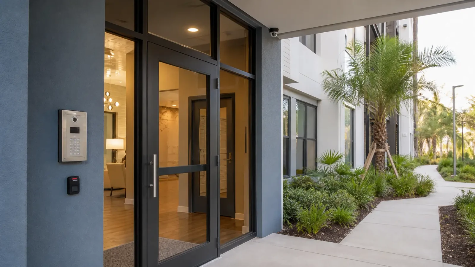 Multifamily entrance with a flush video intercom, credential reader and high dome camera