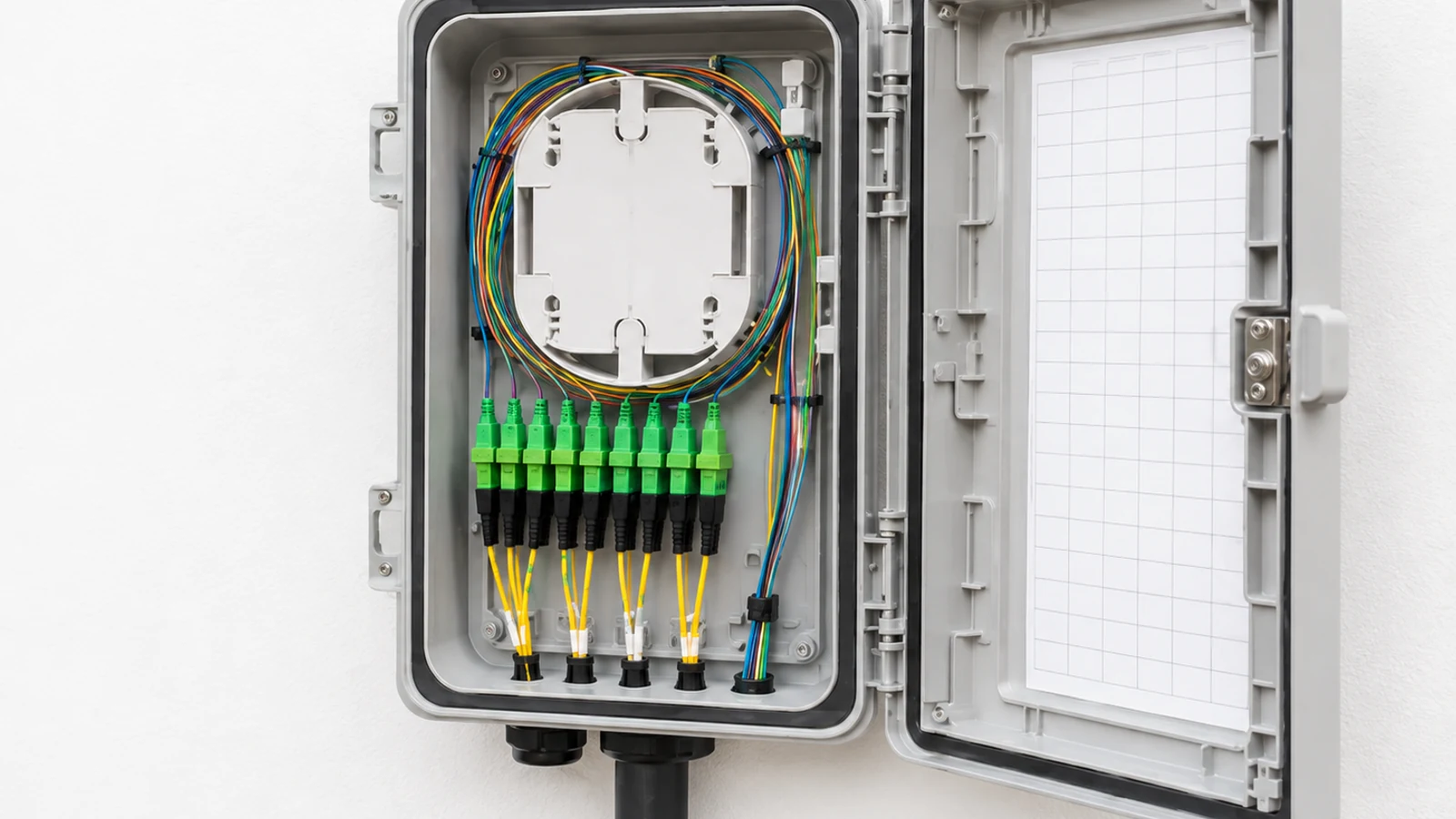 Open wall-mounted fiber distribution enclosure with organized color-coded fibers and green optical adapters