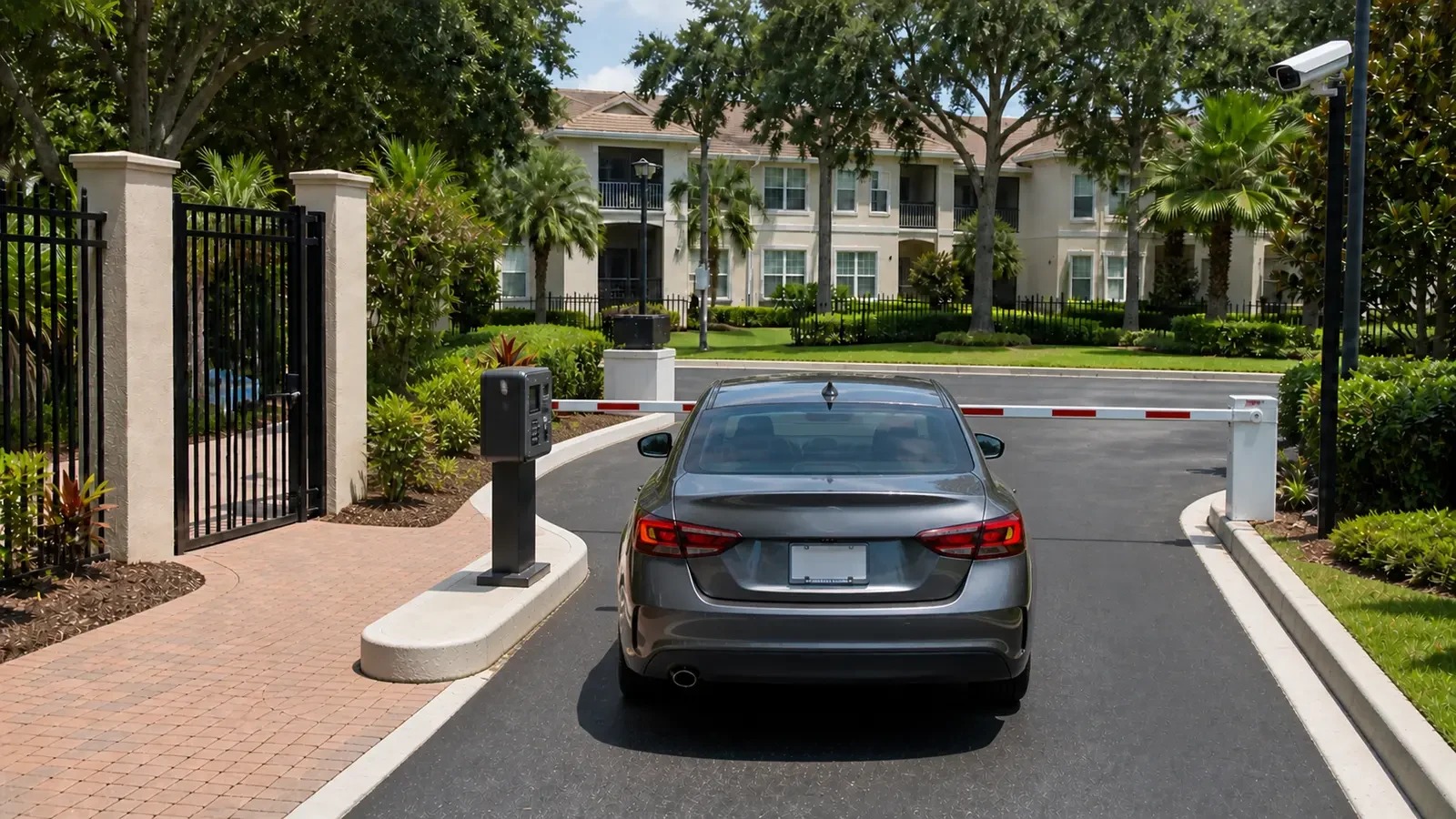 Multifamily vehicle entrance with barrier arm, intercom, pedestrian gate and high camera