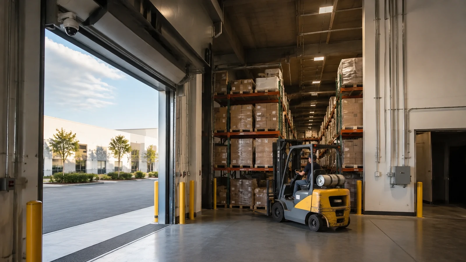 Working warehouse interior with pallet storage and loading access