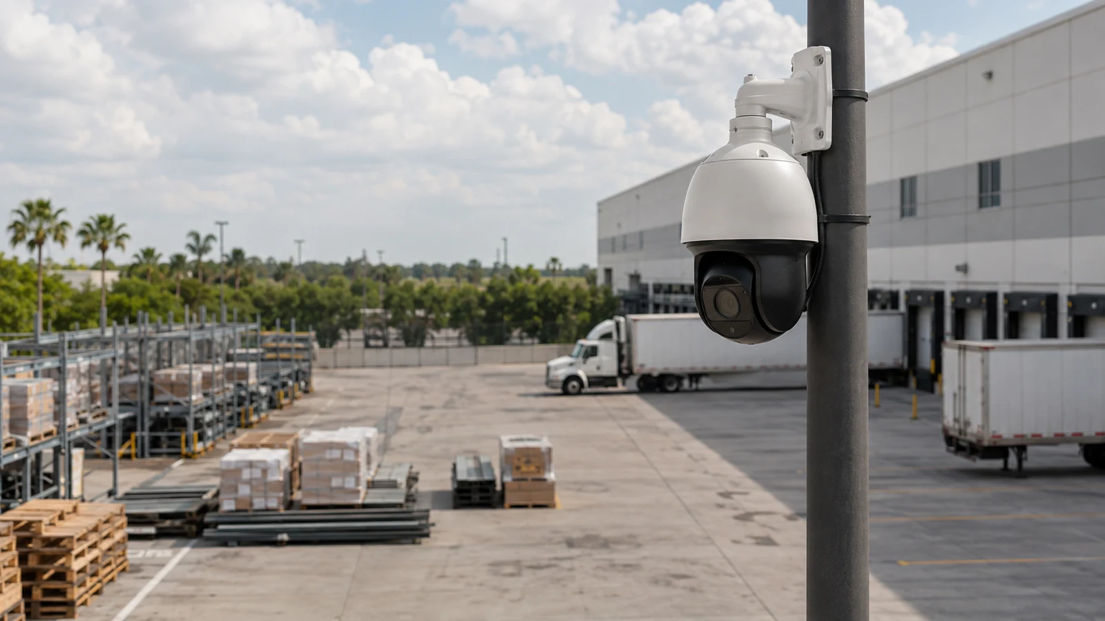 Professional PTZ security camera mounted on a proper pole overlooking a logistics yard