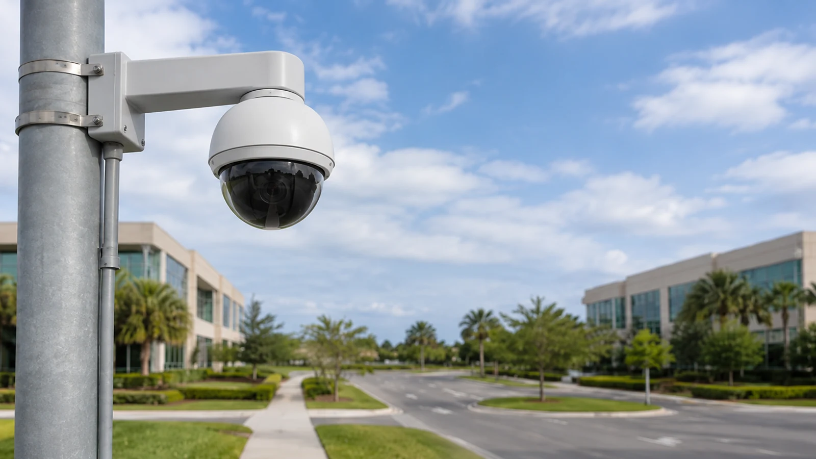 Pole-mounted PTZ camera overlooking the roads and sidewalks of a commercial campus