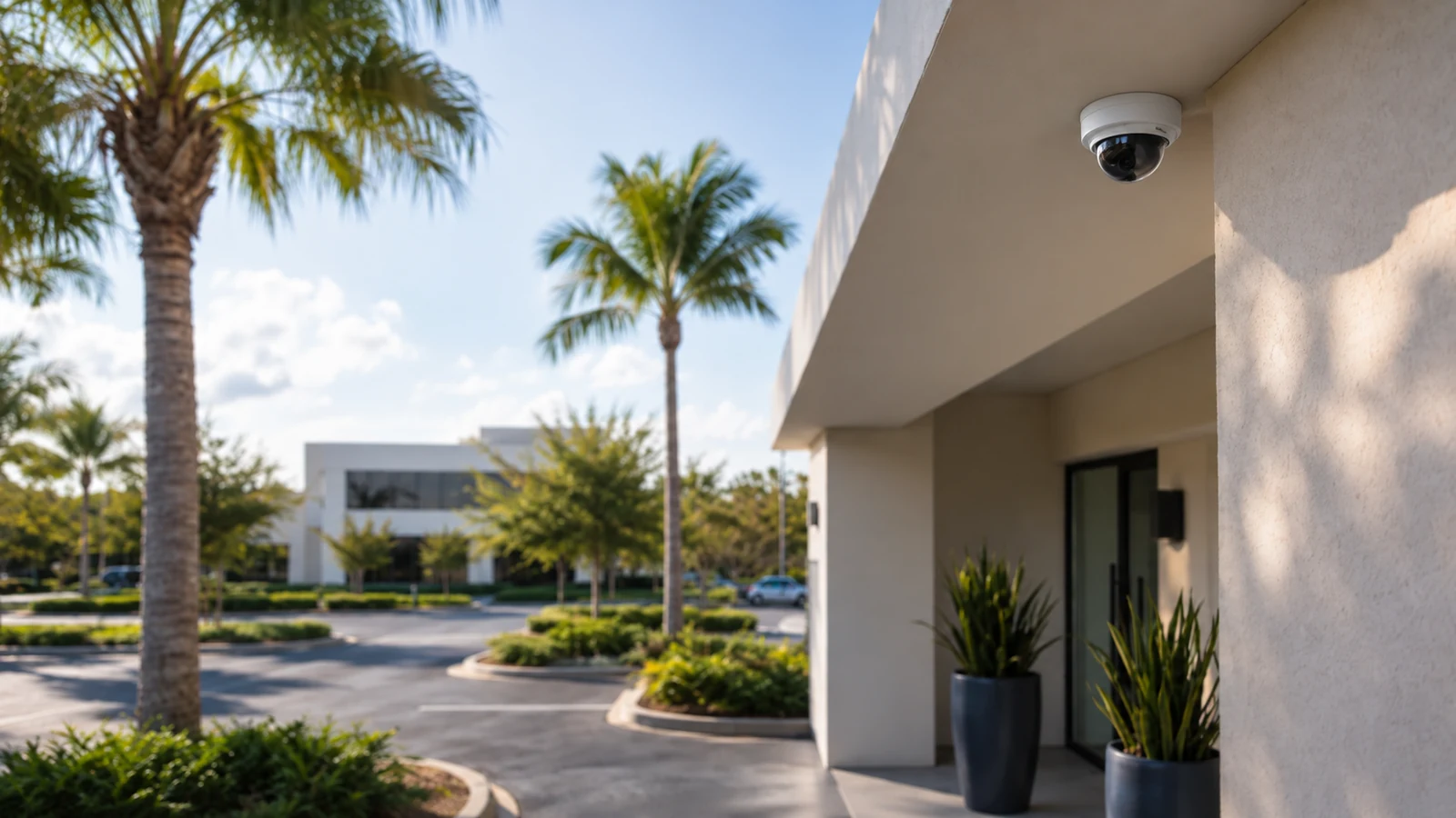 Exterior dome camera mounted beneath a commercial entrance canopy overlooking a palm-lined parking area