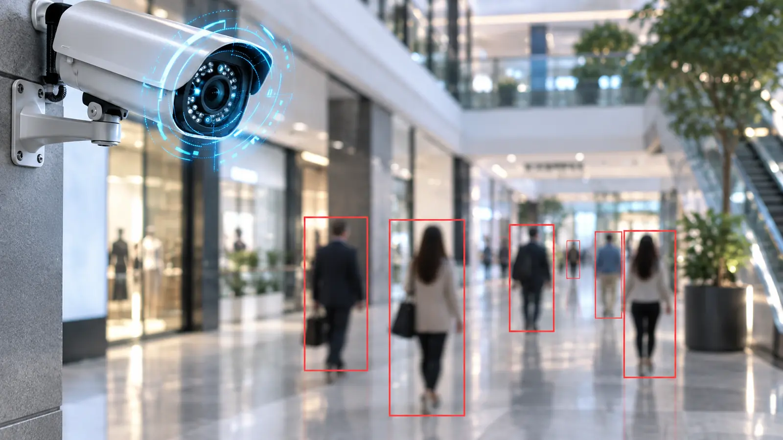 Commercial security camera with detection graphics and red bounding boxes around pedestrians in a shopping center corridor