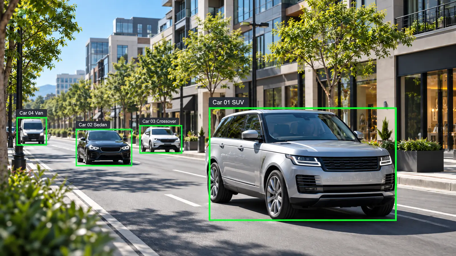Four vehicles with green classification boxes on a commercial street