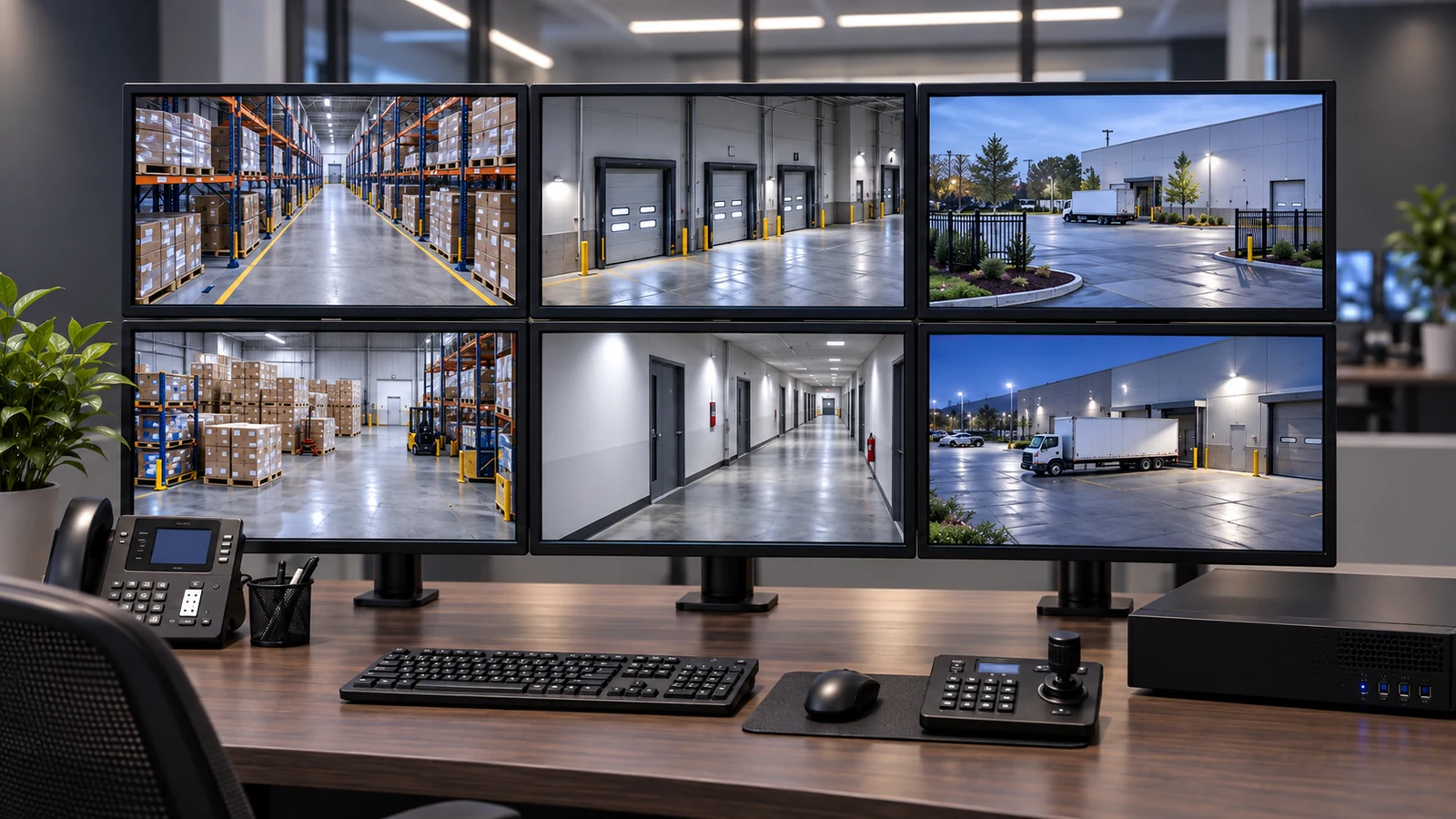 CCTV monitoring workstation with six displays showing warehouse aisles, loading docks, corridors and exterior gates