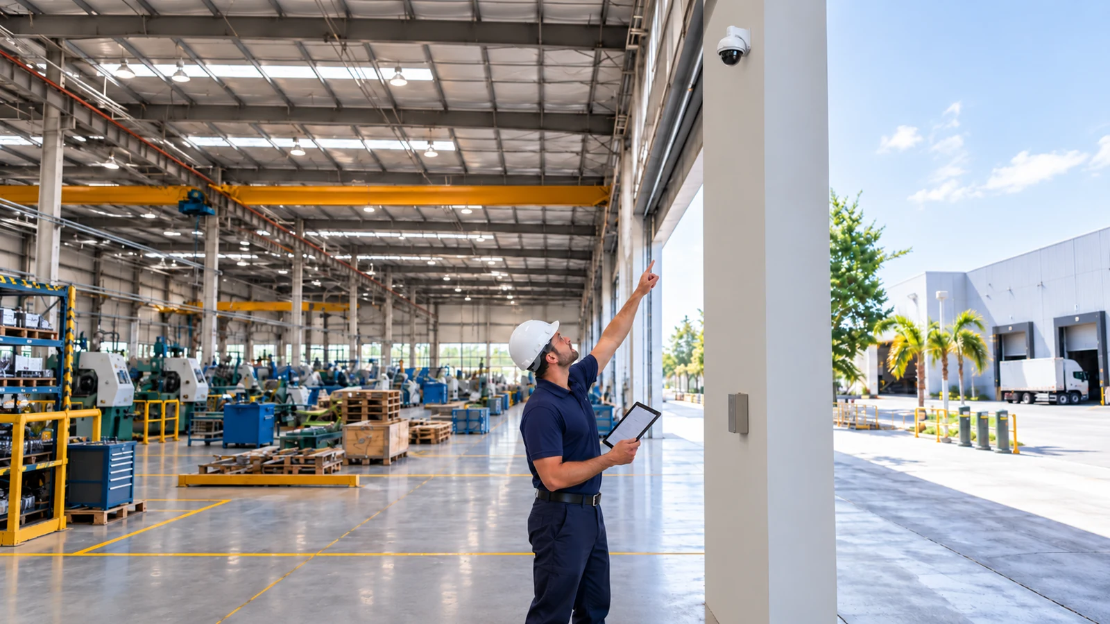 Technician inspecting a wall-mounted dome camera at an industrial warehouse entrance