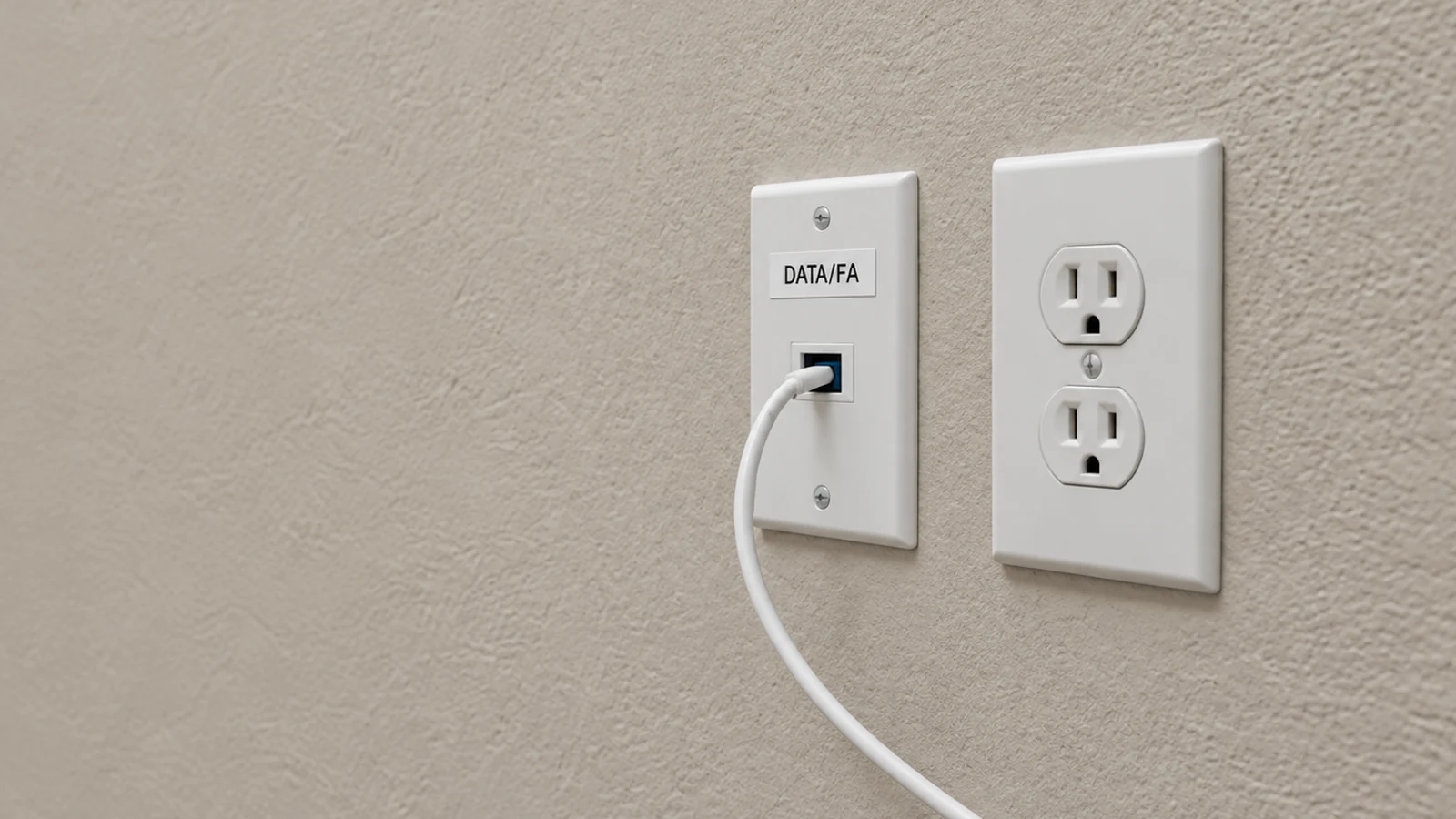 Labeled data wall outlet with a connected Ethernet cable beside a duplex power receptacle