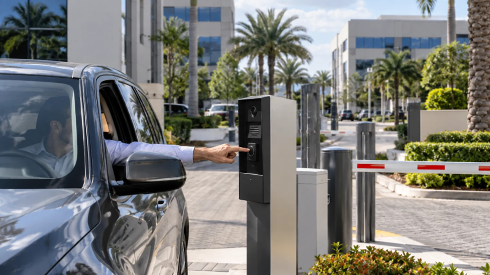Driver presenting an access card to a commercial gate reader beside a barrier arm