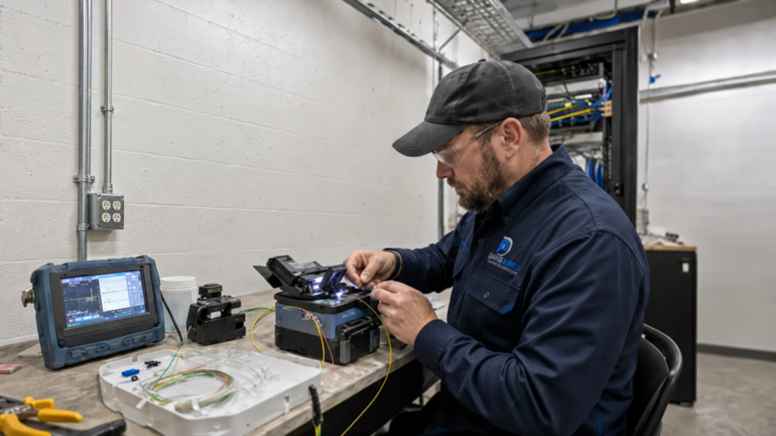Technician splicing and testing color-coded fiber strands at a technical-room workbench