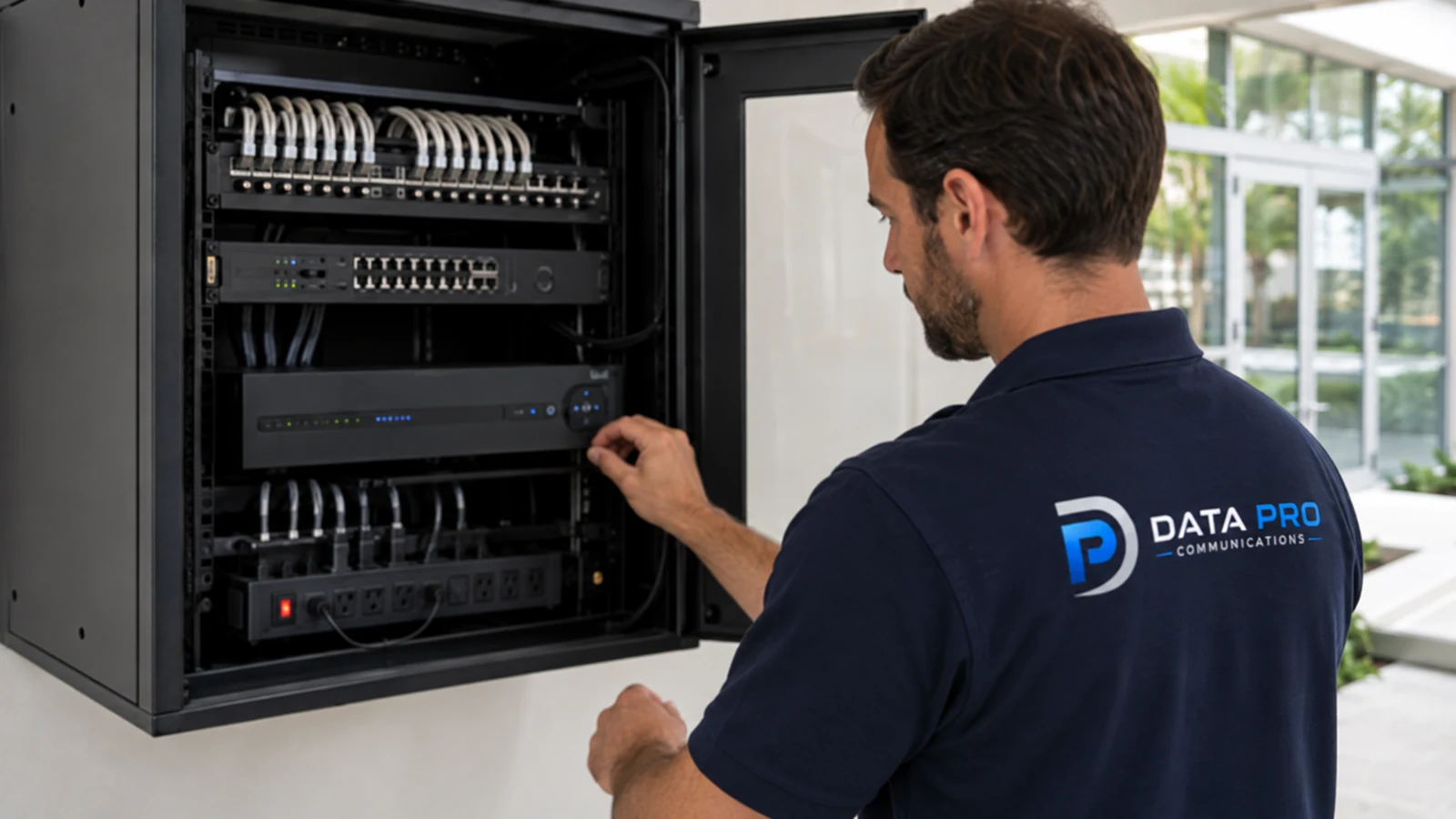 Technician servicing a wall-mounted commercial network rack with organized cabling