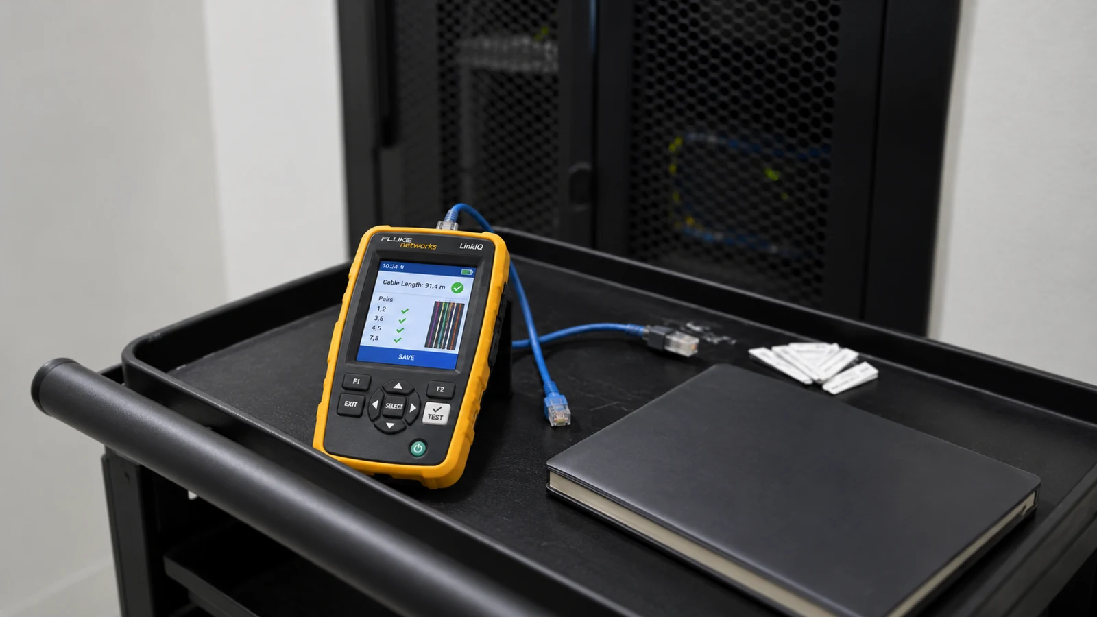 Portable network cable tester connected to an Ethernet patch cord beside a commercial network rack