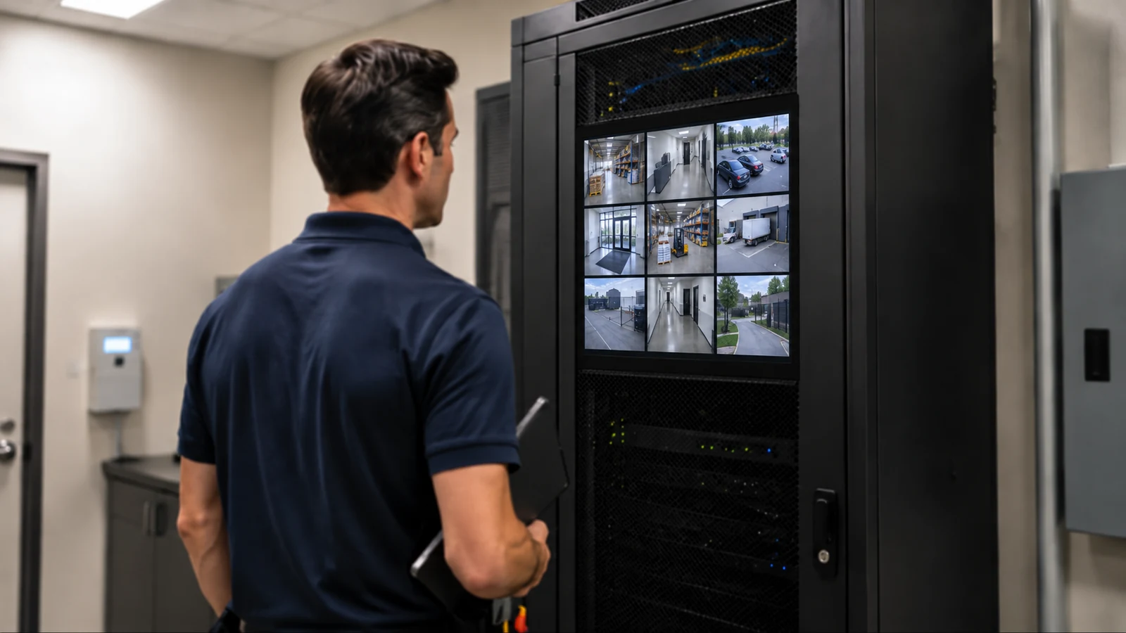 Technician reviewing live CCTV feeds and recorder status in a security equipment room