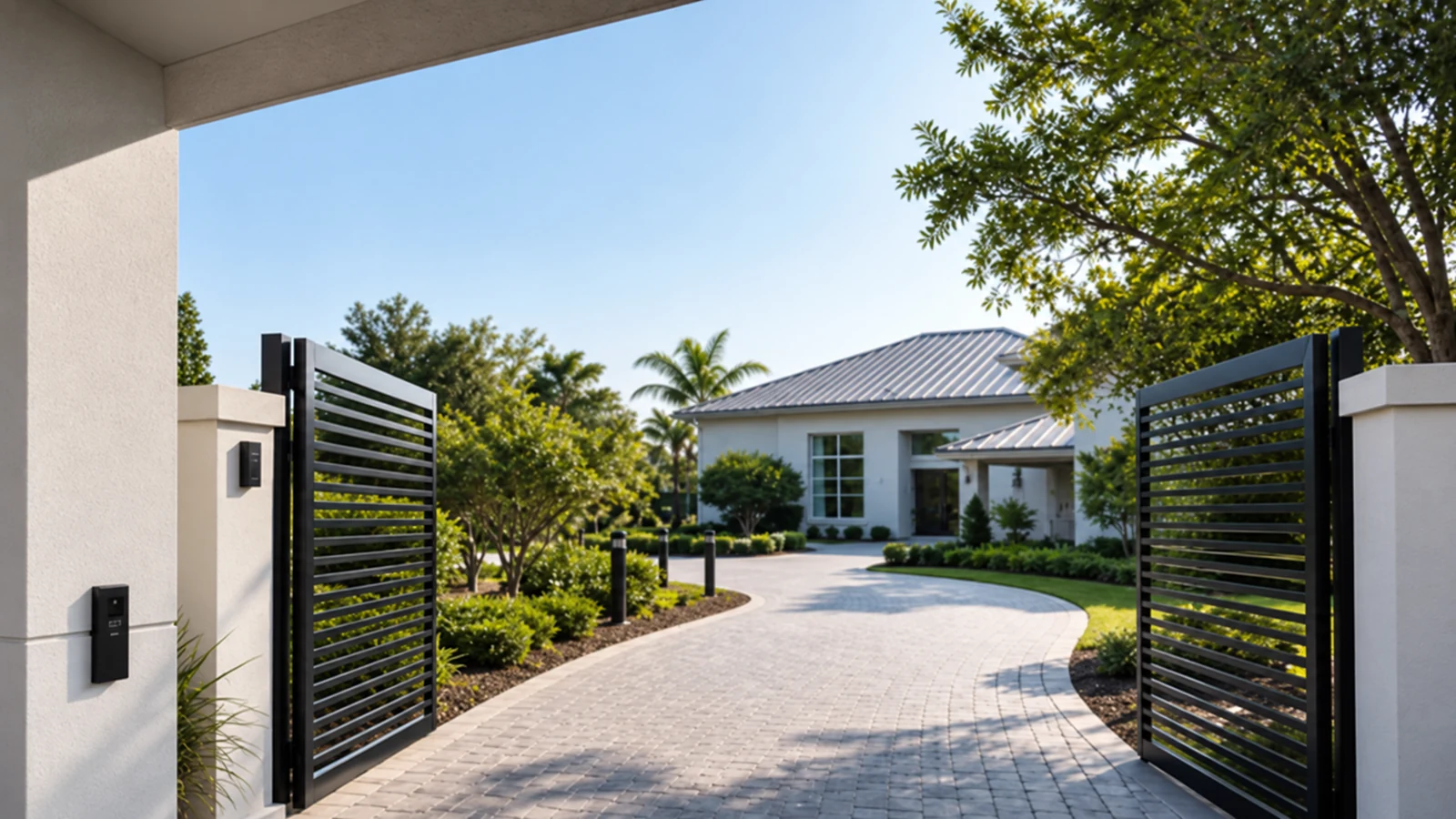Gated residential property with a motorized driveway gate, intercom pedestal and planned camera coverage