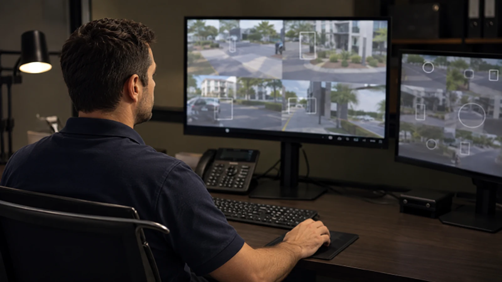Security operator viewing live camera feeds and site maps across dual monitors at a CCTV workstation