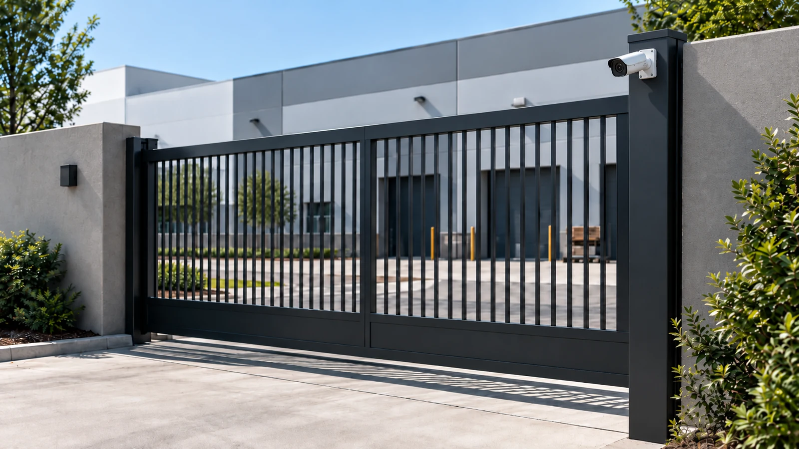 Bullet security camera and floodlight mounted beside a motorized commercial sliding gate