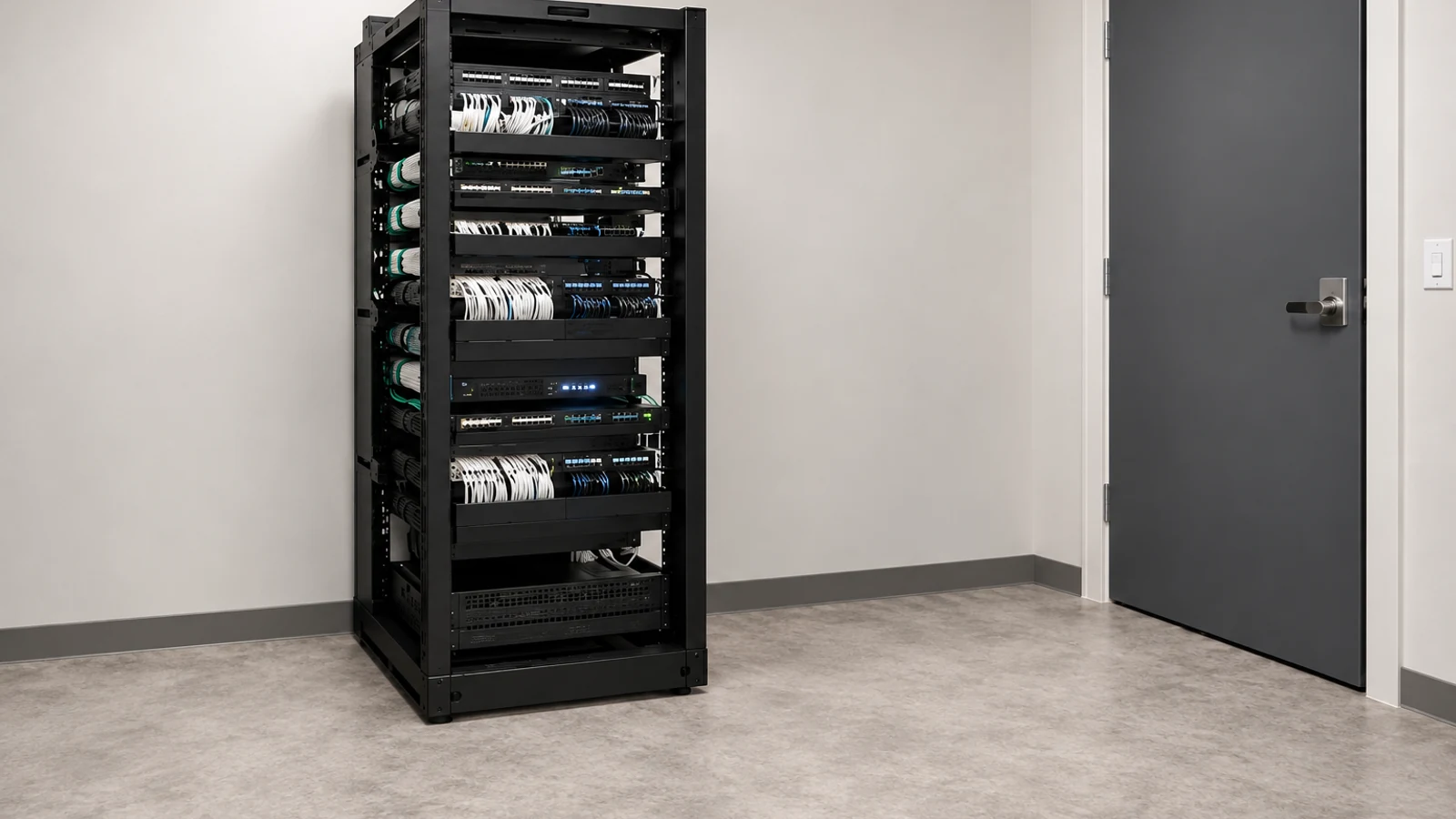 Floor-standing network rack with organized patch panels and equipment in a dedicated technical room