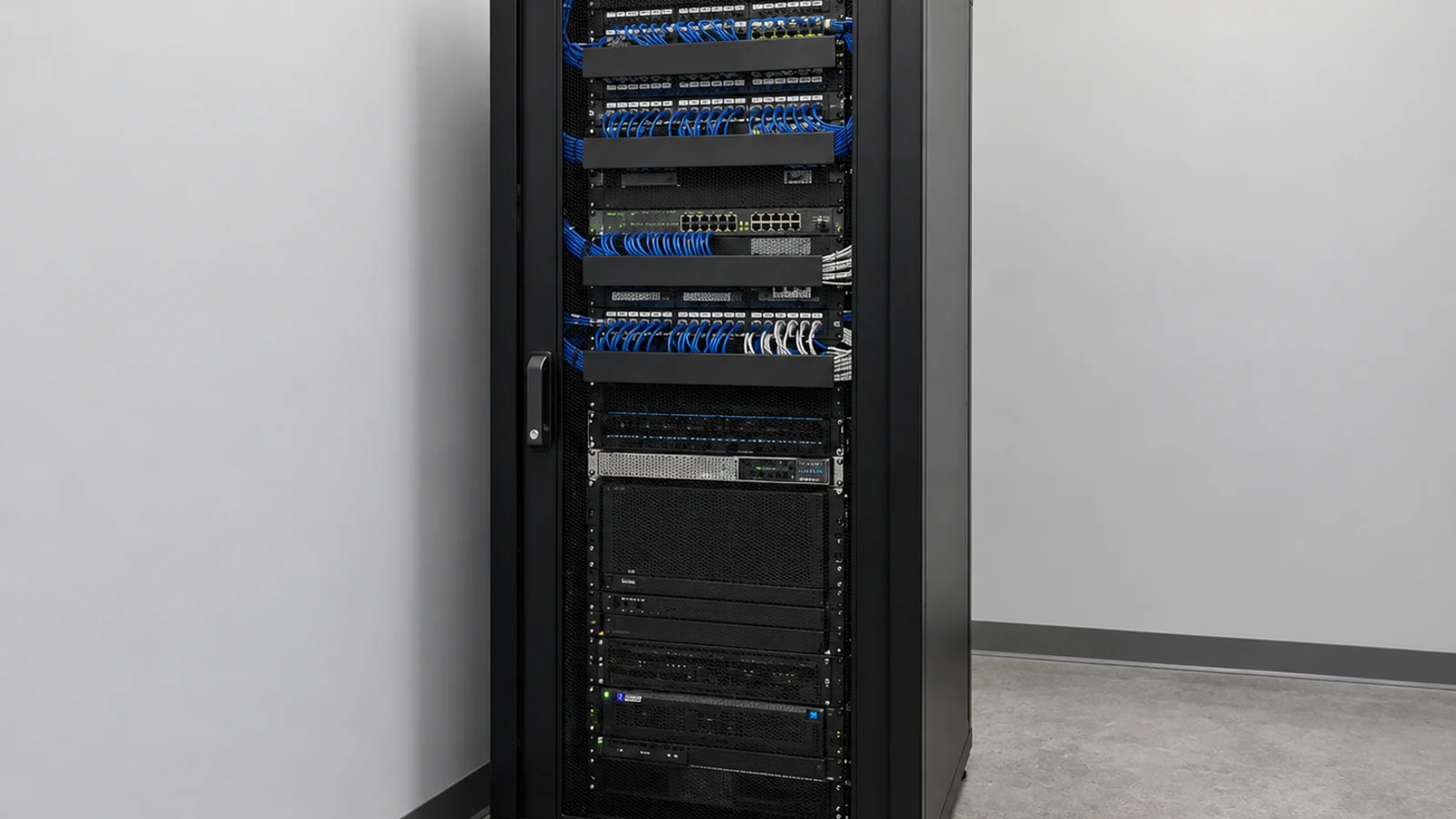 Floor-standing network rack with organized blue patch cords and equipment in a dedicated technical room