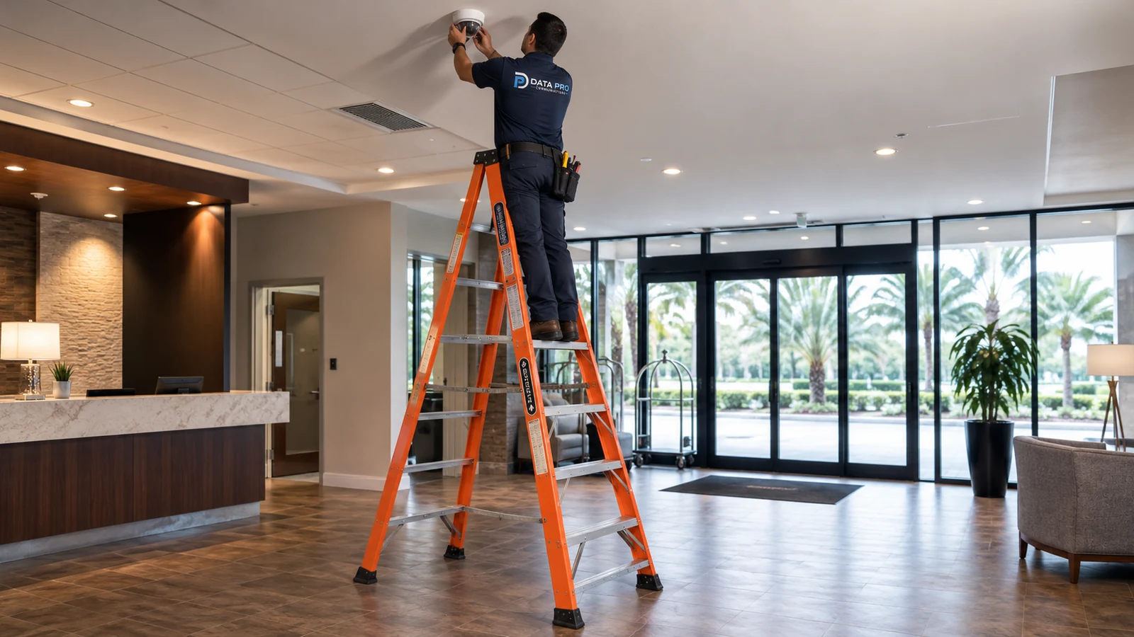 Technician safely installing a ceiling device from a secured platform ladder in a commercial lobby