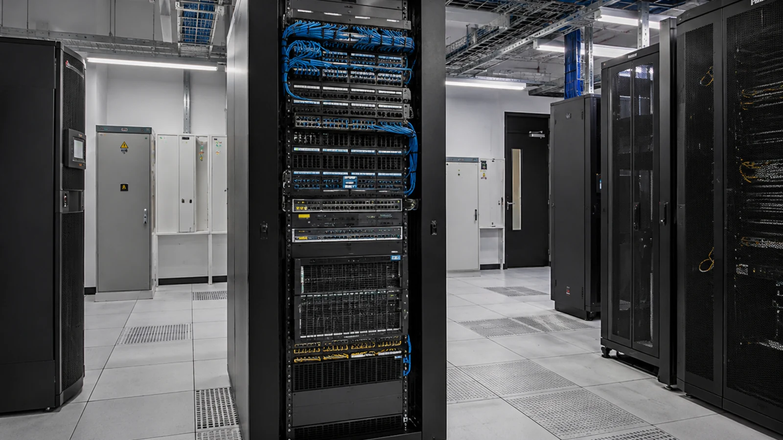 Network rack with organized patch panels and cabling in a commercial data center
